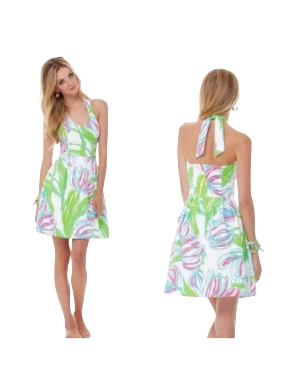 Lilly Pulitzer Ross Halter Dress 0 Ring The Bellboy Pink Green Floral Resort